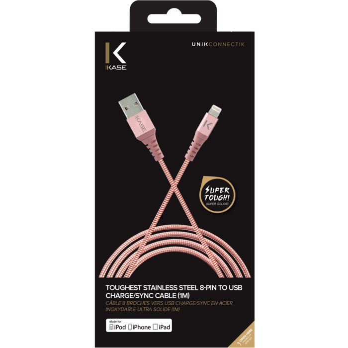 Câble Lightning Certifié MFi Apple vers USB Charge/Sync en Acier Inoxydable Ultra Solide (1M), Or Rose