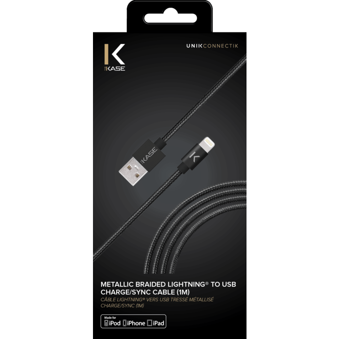 Câble Lightning vers USB tressé métallisé certifié MFi Apple Charge/Sync (1M), Noir