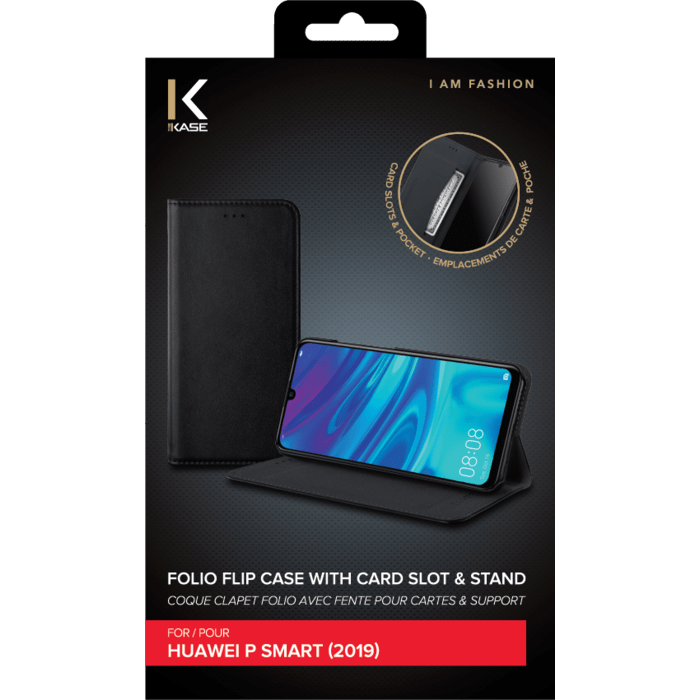 Coque clapet folio avec fente pour cartes & support pour Huawei P Smart 2019, Noir