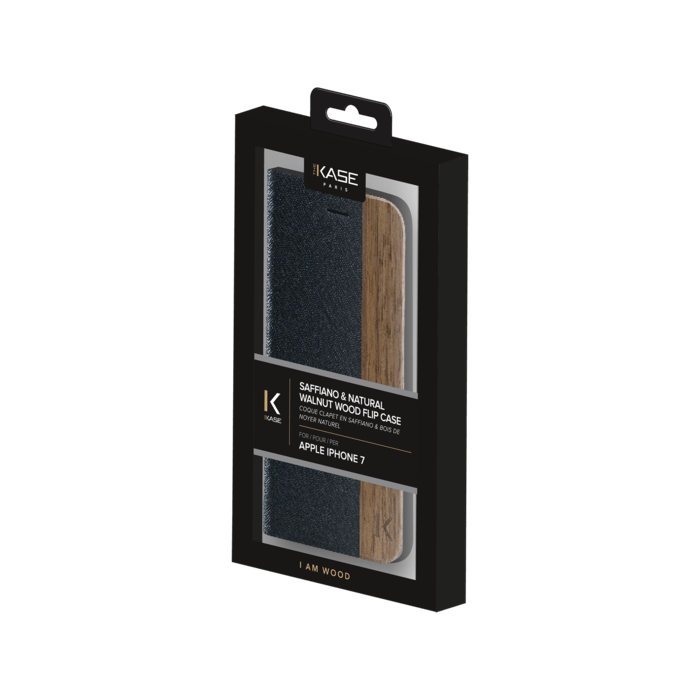 Coque clapet pour Apple iPhone 7/8/SE 2020, saffiano noir & bois de noyer naturel
