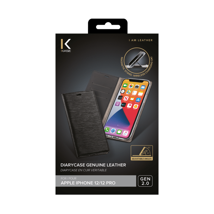 Diarycase 2.0 Coque clapet en cuir v&eacute;ritable avec support aimant&eacute; pour Apple iPhone 12/12 Pro, Minuit Noir
