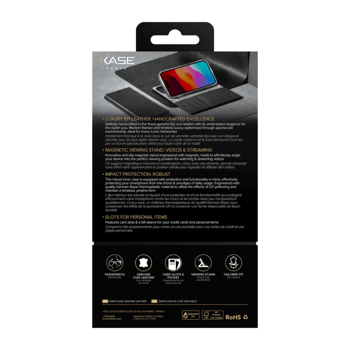 Diarycase 2.0 Coque clapet en cuir v&eacute;ritable avec support aimant&eacute; et fabriqu&eacute; avec un &eacute;tui en plastique recycl&eacute; pour Apple iPhone 15, Noir Minuit