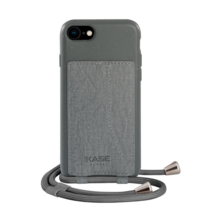 Coque antibact&eacute;rienne Vegan bio en bandouli&egrave;re pour Apple iPhone 6/6s/7/8/SE 2020/SE 2022, Gris lave