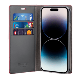 Diarycase 2.0 Coque clapet en cuir v&eacute;ritable avec support aimant&eacute; pour Apple iPhone 14 Pro, Rouge Bordeaux