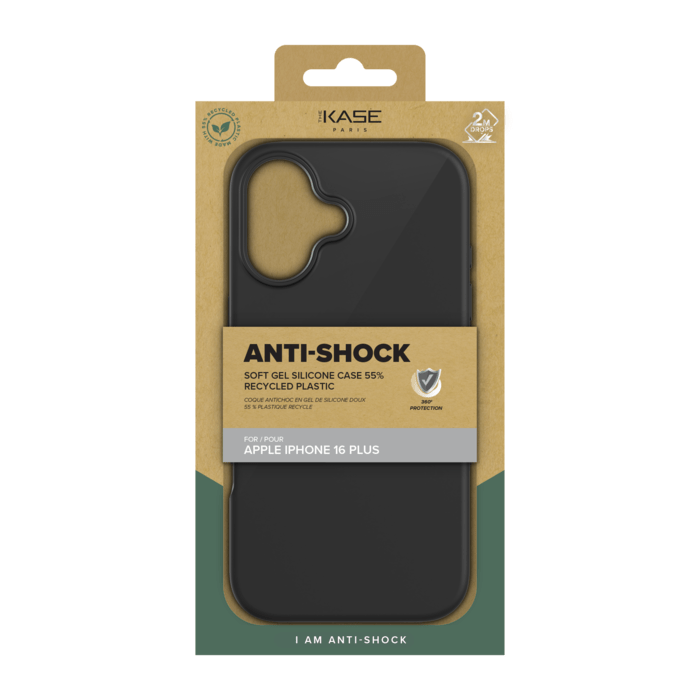 Coque antichoc en gel de silicone doux pour 55% de plastique recycl&eacute; Apple iPhone 16 Plus, Noir satin