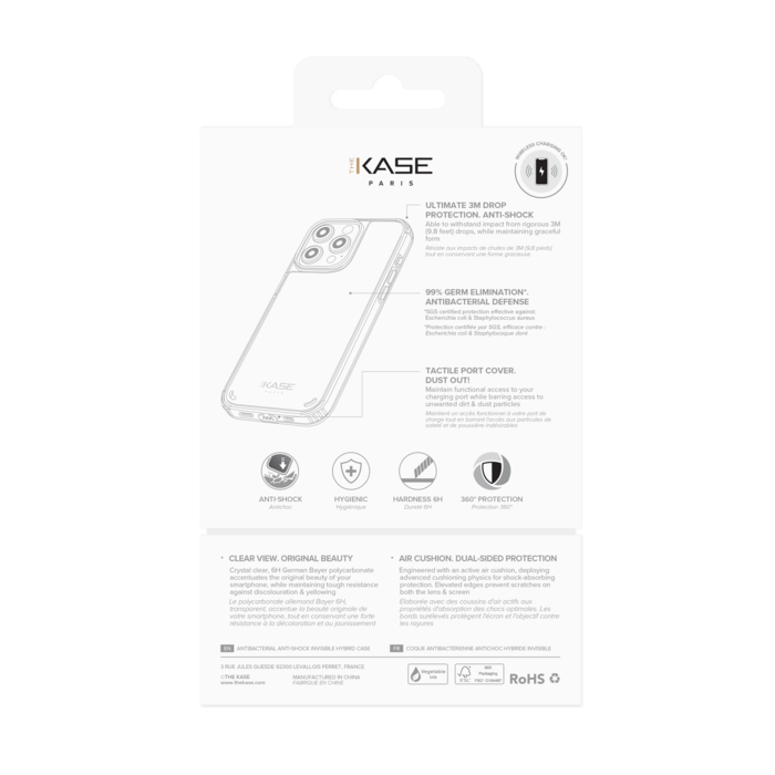 Coque antibactérienne antichoc hybride invisible pour Apple iPhone 15 Pro Max, Transparente