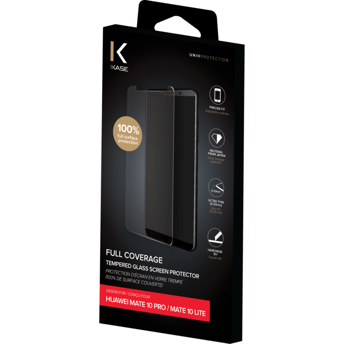 Protection d'&eacute;cran en verre tremp&eacute; (100% de surface couverte) pour Huawei Mate 10 Pro/ Mate 10 Lite, Transparent