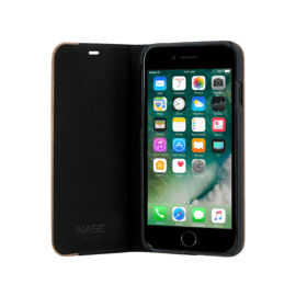Case Flip Case for Apple iPhone 7/8, Black Saffiano & Natural Walnut Wood