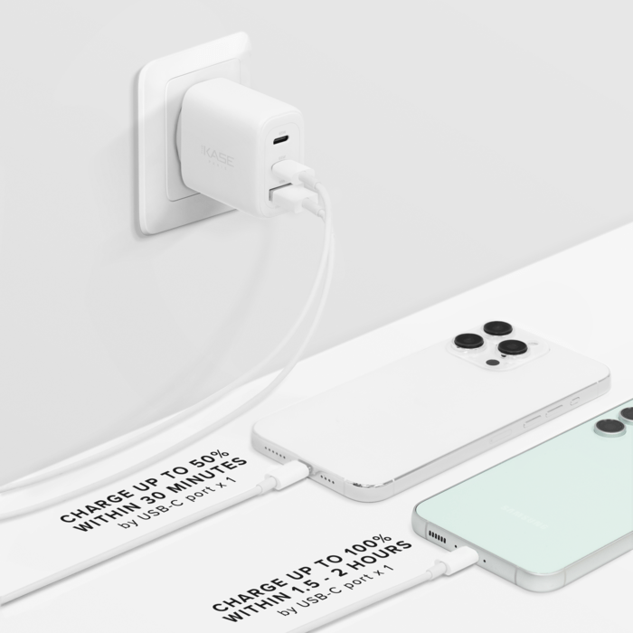 Chargeur Mural Trois Port Supreme+ Power GaN Fabriqu&eacute; Avec du 100% Plastique Recycl&eacute; - 65W (PPS), Blanc