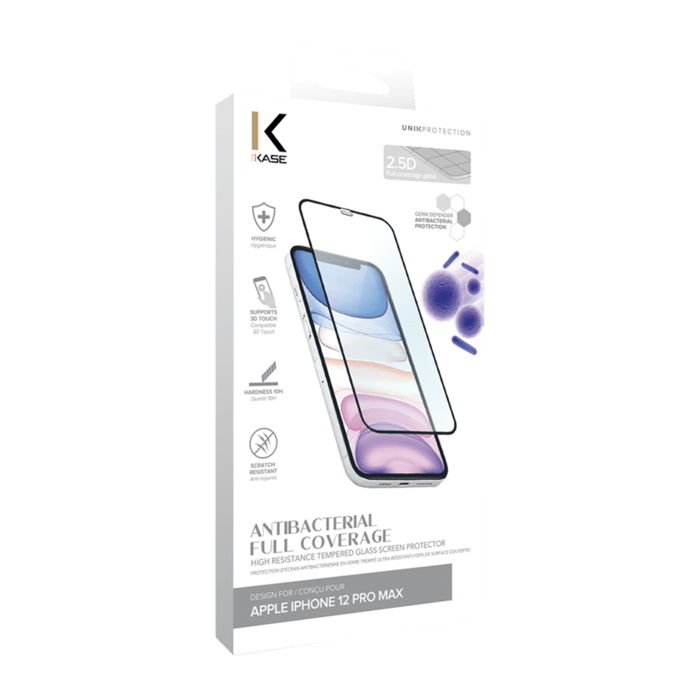Protection d&rsquo;&eacute;cran antibact&eacute;rienne en verre tremp&eacute; ultra-r&eacute;sistant (100% de surface couverte) pour Apple iPhone 12 Pro Max, Noir