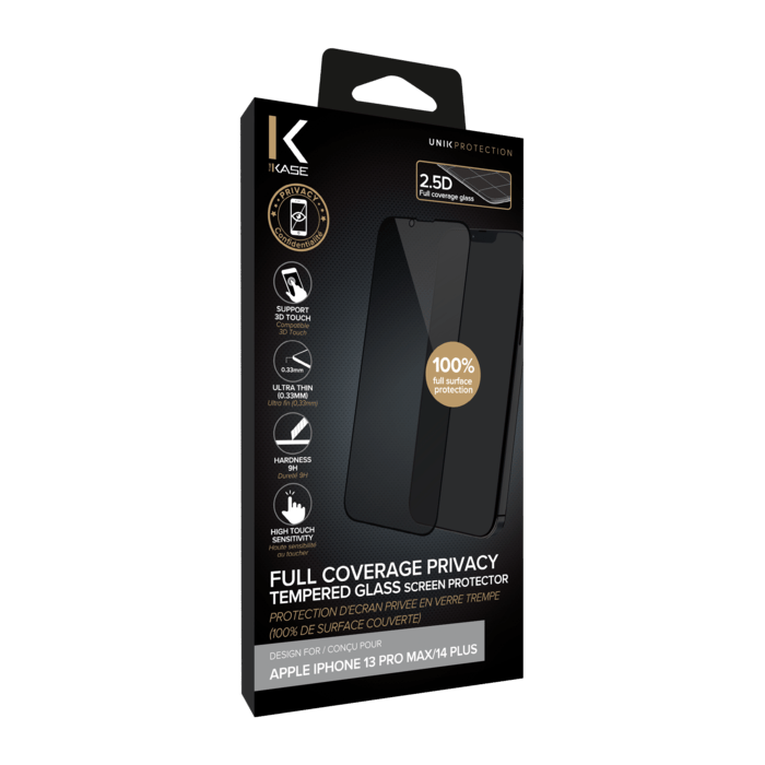 Protection d'&eacute;cran Priv&eacute;e en verre tremp&eacute; (100% de surface couverte) pour Apple iPhone 13 Pro Max/ 14 Plus, Noir