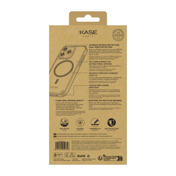 Coque antibact&eacute;rienne antichoc magn&eacute;tique invisible Fabriqu&eacute; Avec du 75% Plastique Recycl&eacute; pour Apple iPhone 16 Pro, Transparente