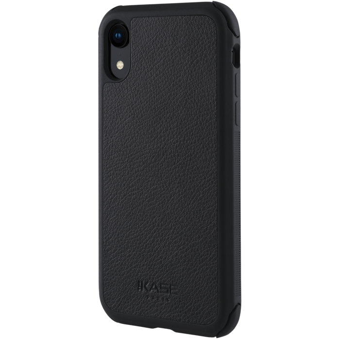 Coque robuste en cuir v&eacute;ritable pour iPhone XR, Noir de jais