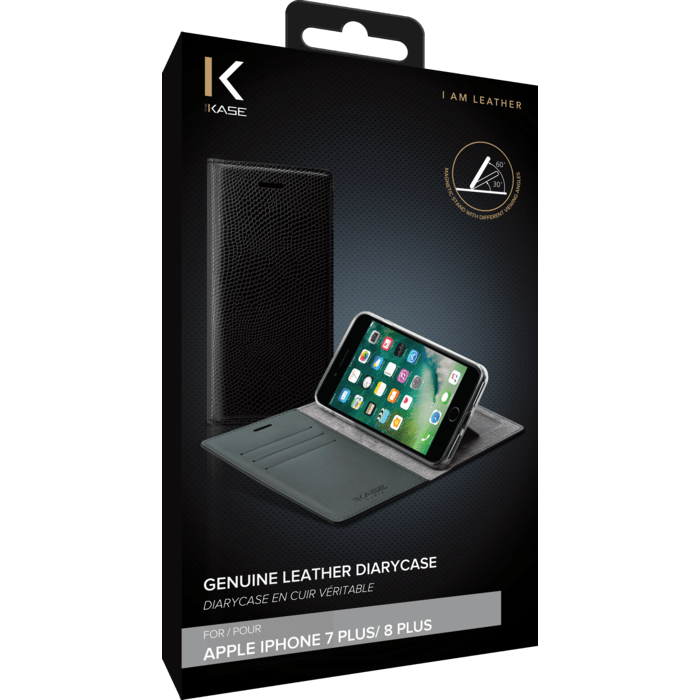 Diarycase Coque clapet en cuir véritable avec support aimanté pour Apple iPhone 7 Plus/8 Plus, Noir Lézard