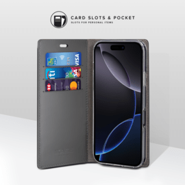 Diarycase 2.0 Coque clapet en cuir v&eacute;ritable avec support aimant&eacute; et fabriqu&eacute; avec un &eacute;tui en plastique recycl&eacute; pour Apple iPhone 16 Pro, Noir Minuit