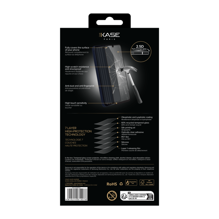 Protection d'&eacute;cran en verre tremp&eacute; (60% verre tremp&eacute; recycl&eacute;) pour Samsung Galaxy A15 4G/5G 2023, Noir