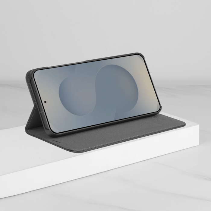 Coque clapet folio avec fente pour cartes & support pour Samsung Galaxy S25 5G, Noir