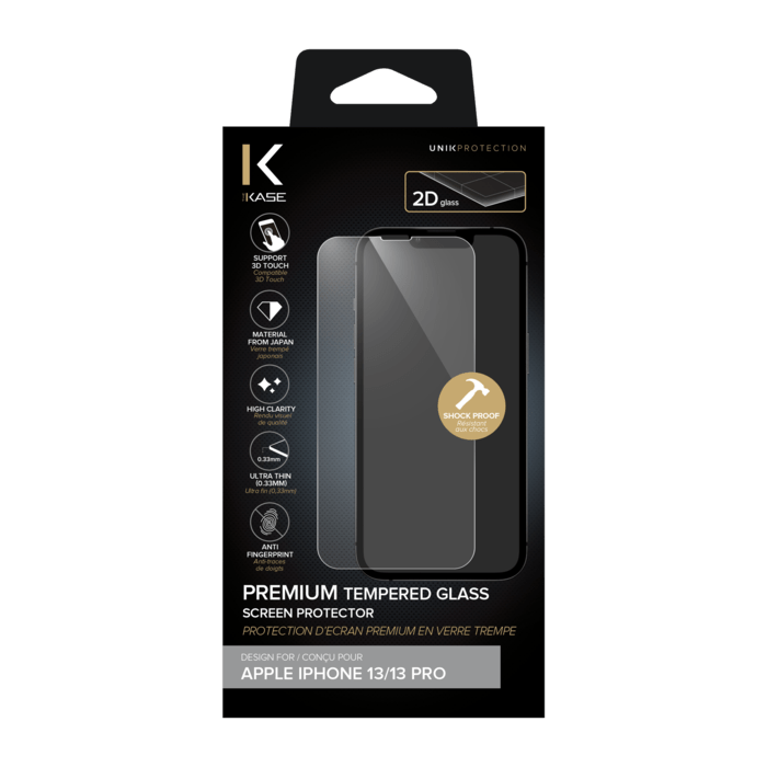 Protection d'écran premium en verre trempé pour Apple iPhone 13/13 Pro, Transparent