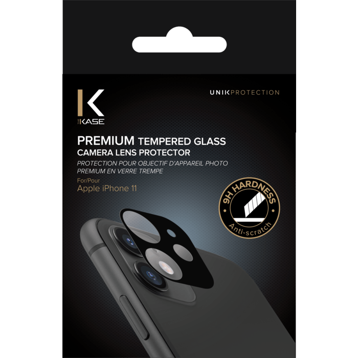 (O) Protection pour objectif d'appareil photo premium en verre tremp&eacute; Apple iPhone 11, Noir