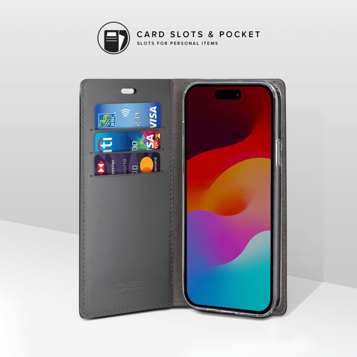 Diarycase 2.0 Coque clapet en cuir v&eacute;ritable avec support aimant&eacute; et fabriqu&eacute; avec un &eacute;tui en plastique recycl&eacute; pour Apple iPhone 15, Noir Minuit