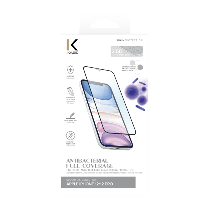 Protection d&rsquo;&eacute;cran antibact&eacute;rienne en verre tremp&eacute; ultra-r&eacute;sistant (100% de surface couverte) pour Apple iPhone 12/12 Pro, Noir