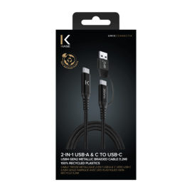 C&acirc;ble tress&eacute; m&eacute;tallique 2-en-1 USB-A & C vers USB-C (USB4 GEN2) fabriqu&eacute; avec des plastiques 100% recycl&eacute;s (1,2M)