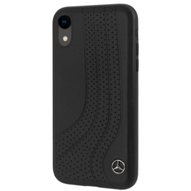 Mercedes-Benz New Bow II Coque en cuir v&eacute;ritable perfor&eacute; pour Apple iPhone XR, Noir