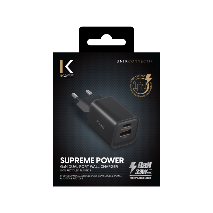 Chargeur Mural Double Port Supreme Power GaN Fabriqu&eacute; Avec du 100% Plastique Recycl&eacute; - 33 W (PPS), Noir
