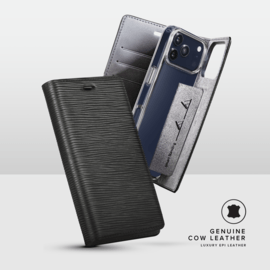 Diarycase 2.0 Coque clapet en cuir v&eacute;ritable avec support aimant&eacute; et fabriqu&eacute; avec un &eacute;tui en plastique recycl&eacute; pour Apple iPhone 17 Pro Max, Noir Minuit