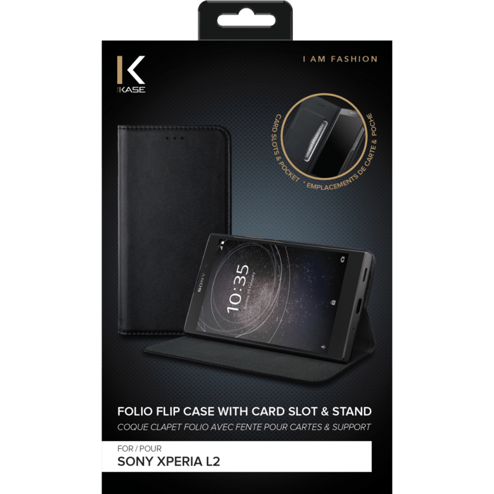 Coque clapet folio avec fente pour cartes & support pour Sony Xperia L2 , Noir