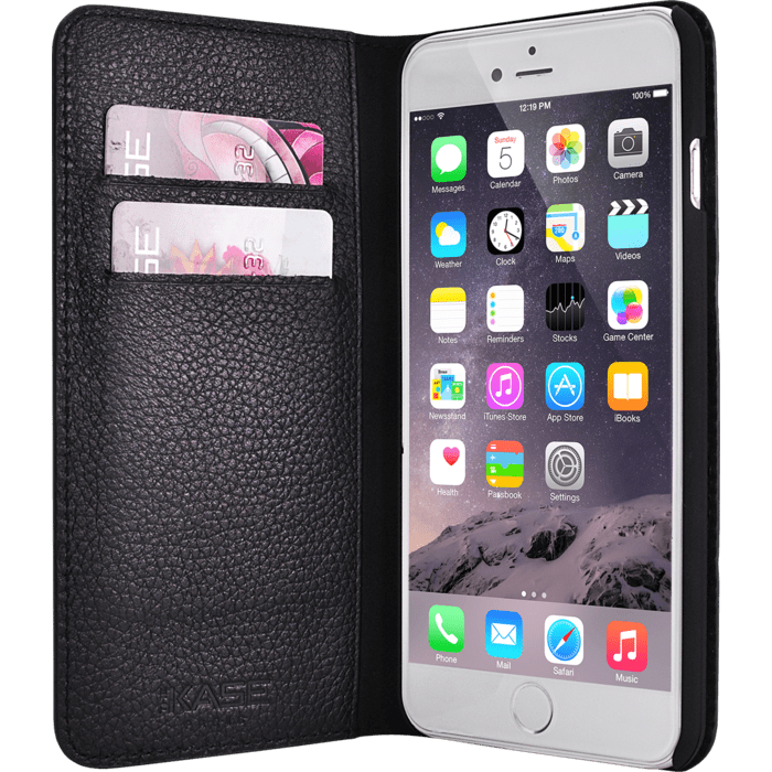 Étui portefeuille en cuir véritable pour Apple iPhone 6 Plus/6s Plus, cuir de Veau Shrunken Noir