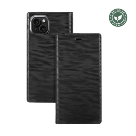 Diarycase 2.0 Coque clapet en cuir v&eacute;ritable avec support aimant&eacute; et fabriqu&eacute; avec un &eacute;tui en plastique recycl&eacute; pour Apple iPhone 15, Noir Minuit