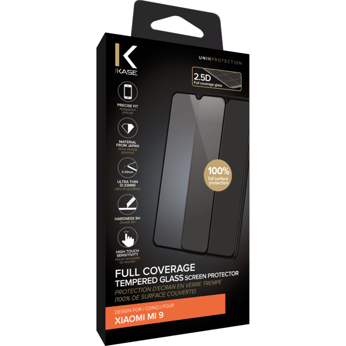 Protection d'&eacute;cran premium en verre tremp&eacute; pour Xiaomi Mi 9, Noir