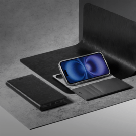 Diarycase 2.0 Coque clapet en cuir véritable avec support aimanté et fabriqué avec un étui en plastique recyclé pour Apple iPhone 16, Noir Minuit