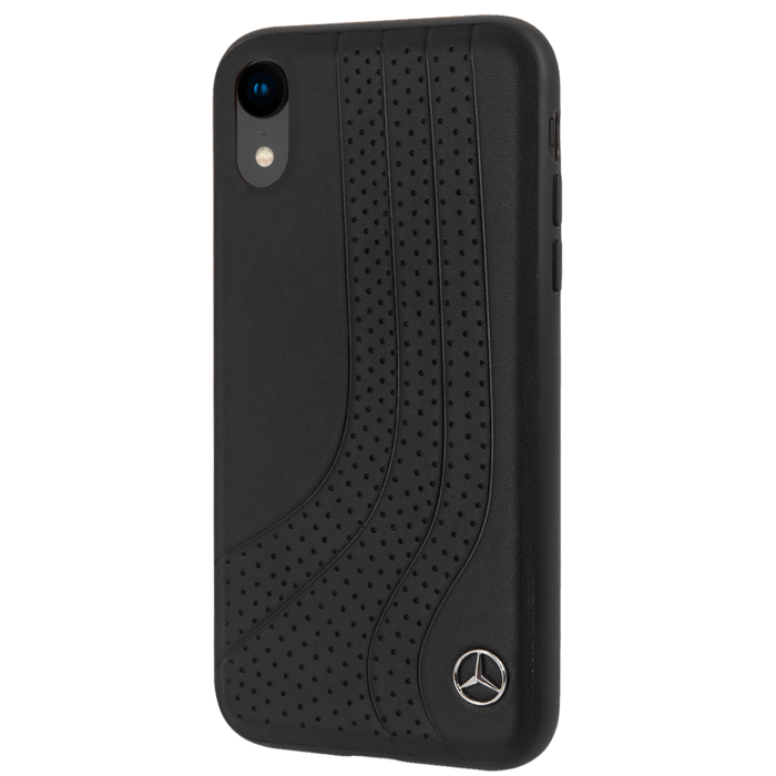 Mercedes-Benz New Bow II Coque en cuir v&eacute;ritable perfor&eacute; pour Apple iPhone XR, Noir