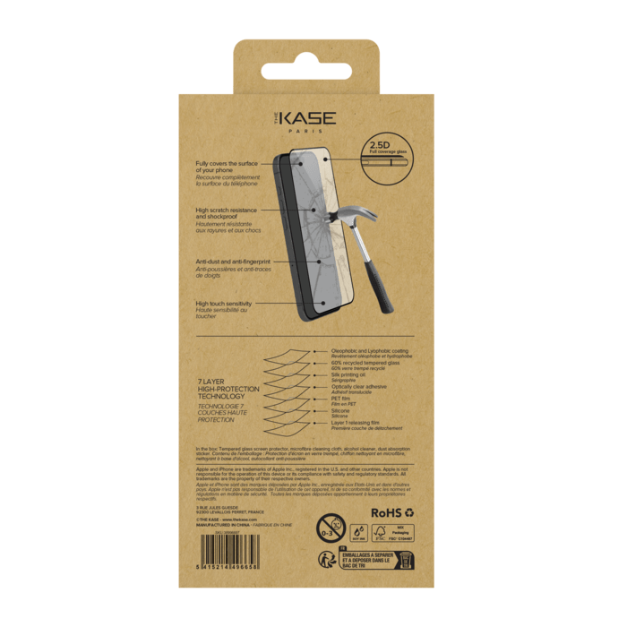 Protection d'écran en verre trempé (60% verre trempé recyclé) pour Apple iPhone 15 Pro, Noir