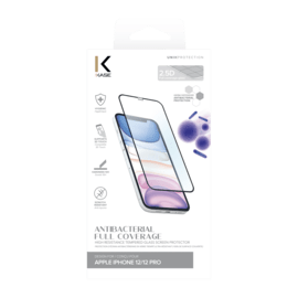 Protection d&rsquo;&eacute;cran antibact&eacute;rienne en verre tremp&eacute; ultra-r&eacute;sistant (100% de surface couverte) pour Apple iPhone 12/12 Pro, Noir