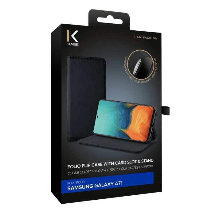 Coque clapet folio avec fente pour cartes & support pour Samsung Galaxy A71, Noir