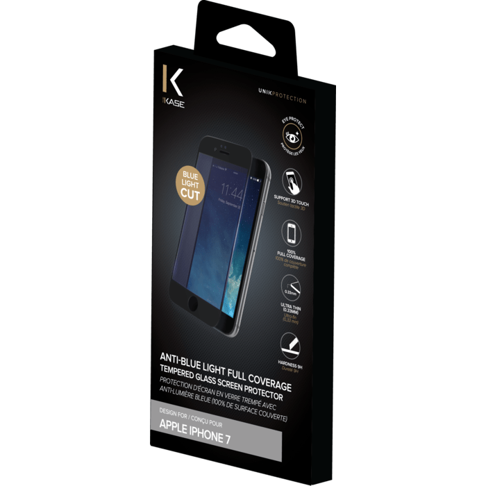 Protection d'écran en verre trempé avec Anti-lumière bleue (100% de surface couverte) pour iPhone 7, Noir