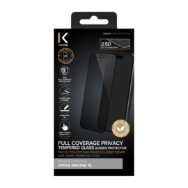 Protection d'&eacute;cran Priv&eacute;e en verre tremp&eacute; (60% verre tremp&eacute; recycl&eacute;) pour Apple iPhone 15, Noir