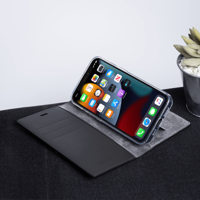 Diarycase 2.0 Coque clapet en cuir véritable avec support aimanté pour Apple iPhone 13 Pro, Noir Minuit