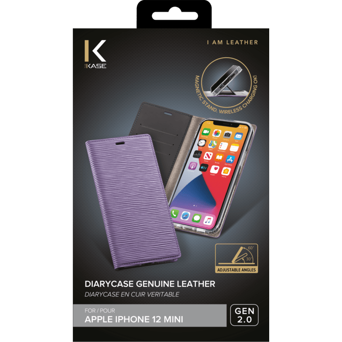 Diarycase 2.0 Coque clapet en cuir véritable avec support aimanté pour Apple iPhone 12 mini, Violet Lilas