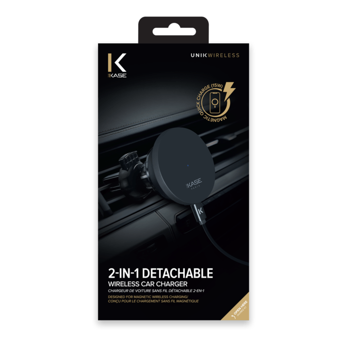 Chargeur de voiture sans fil d&eacute;tachable 2-en-1 (15W), Noir Carbone