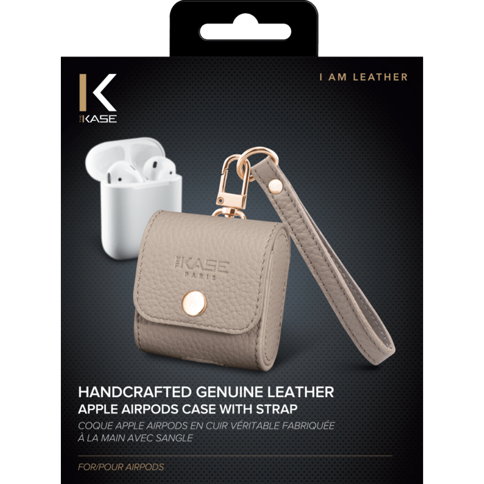 Coque Apple Airpods en cuir v&eacute;ritable fabriqu&eacute;e &agrave; la main avec sangle, Beige