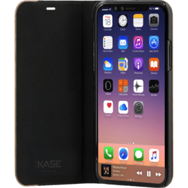 Case Flip Case for Apple iPhone X/XS, Black Saffiano & Natural Walnut Wood