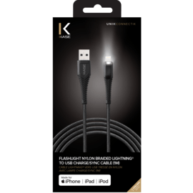 Câble Lightning® certifié MFI Apple vers USB tressé en nylon avec lampe Charge/Sync (1M), Noir