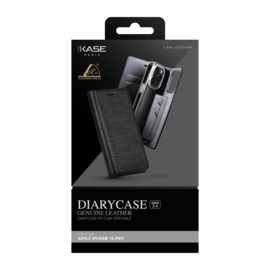 Diarycase 2.0 Coque clapet en cuir véritable avec support aimanté pour Apple iPhone 15 Pro, Noir Minuit