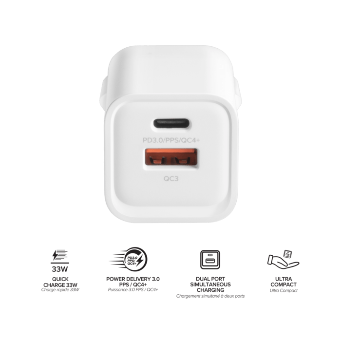 Chargeur Mural Double Port Supreme Power GaN Fabriqu&eacute; Avec du 100% Plastique Recycl&eacute; - 33 W (PPS), Blanc