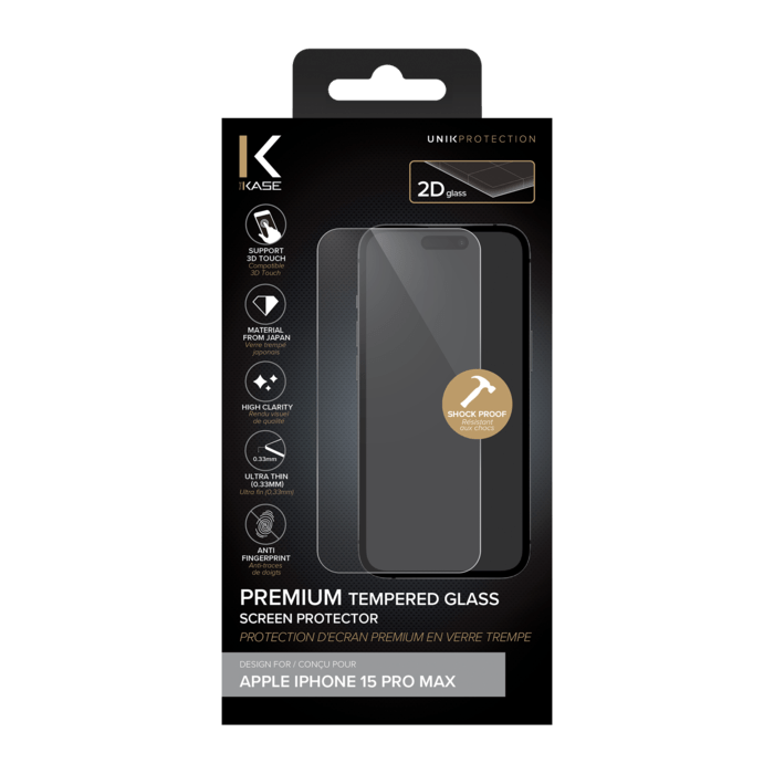 Protecteur d'écran en verre trempé de qualité supérieure pour Apple iPhone 15 Pro Max, transparent