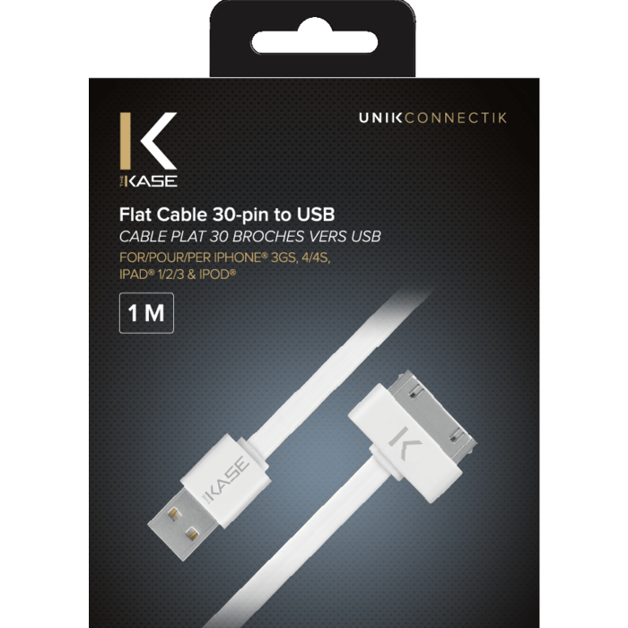 Cable plat 30 broches vers USB (1m) pour Apple, Blanc Lumineux